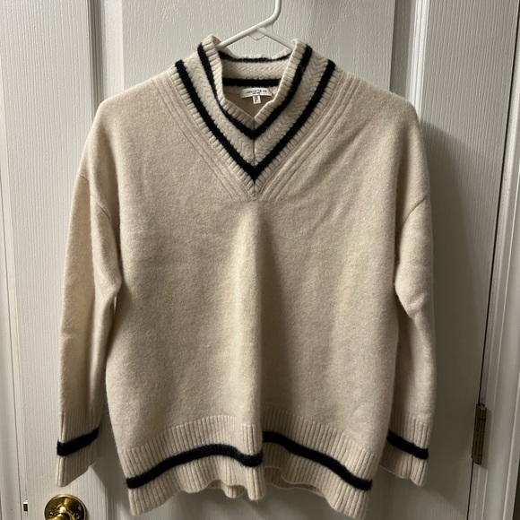 Lafayette 148 New York V-Neck Sweater - Cream with Black Trim - Picture 2 of 9